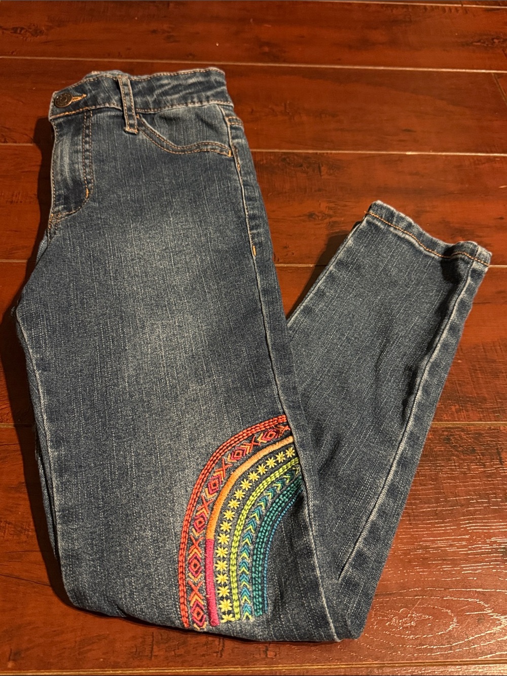 Cat & Jack Girls’ Dark Blue Skinny Jeggings with Rainbow Embroidery - Picture 5 of 5